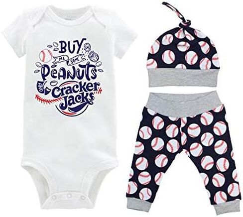 Boy Baseball Personalized Peanuts and Cracker Jacks Blue Gray Coming Home Outfit Infant Gift- Yoga Pants, and Top Knot Hat in Saudi Arabia