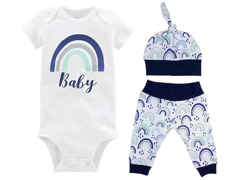 Boy Rainbow Personalized Baby Coming Home Outfit - Bodysuit, Yoga Pants, and Top Knot Hat in Saudi Arabia
