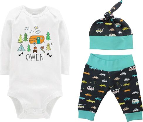 Camping Personalized Boy Infant Baby Coming Home Outfit with Bodysuit, Yoga Pants, and Top Knot Hat in Saudi Arabia