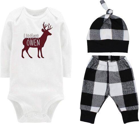 Littlest Name Deer Fall Boy Boy Baby Going Home Outfit - Bodysuit ، Yoga Pant ، Top Knot Hat in Saudi Arabia
