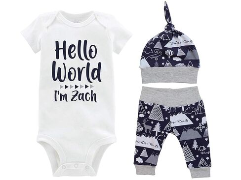 Boy Hello World Personalized Adventure Mountains Deer Bear Navy Coming Home Outfit - Bodysuit, Yoga Pant, and Top Knot Hat in Saudi Arabia