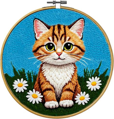 Eflin Punch Needle Kits Adults Beginner - Needlepoint Kits for Adults, Cute Cat & Daisy Pattern, Natural Bamboo Hoop, Yarns, Tools, Craft Kits for Beginners, Rare Gift for Crafts, Decors, Festivals in Saudi Arabia