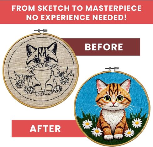 Eflin Punch Needle Kits Adults Beginner - Needlepoint Kits for Adults, Cute Cat & Daisy Pattern, Natural Bamboo Hoop, Yarns, Tools, Craft Kits for Beginners, Rare Gift for Crafts, Decors, Festivals in Saudi Arabia