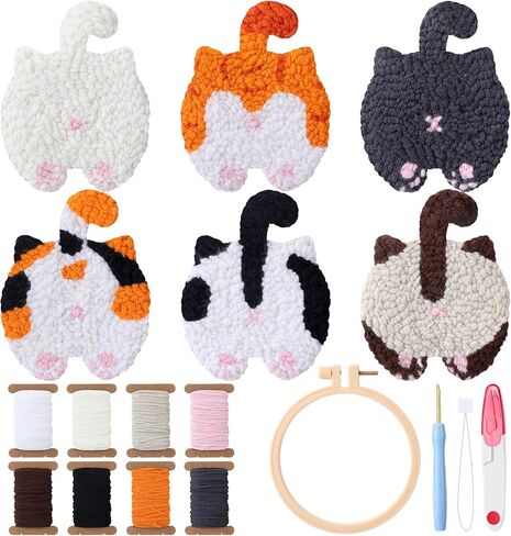 Vesici 6ps Cat Bum Punch Edele Kit ، 6 أنماط Cat Butt Punch Coaster ، الوقايات الإبداعية المنسوجة الممتعة للمبتدئين البالغين ، أدوات الوقايات مع اللصق ، الخيوط ، طوق للتطريز ، تعليمات in Saudi Arabia