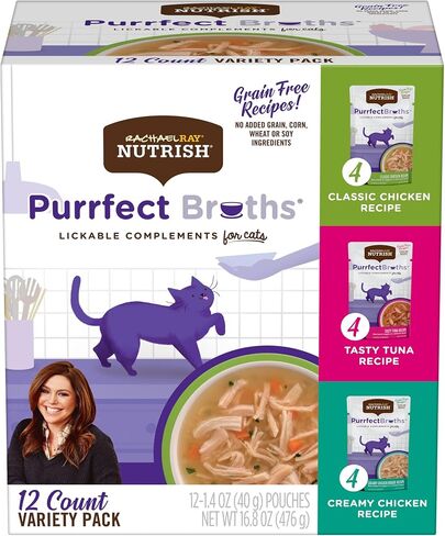 Rachael Ray Nutrish Purrfect Broths Wet Cat Food, Variety Pack, 1.4 Ounce Pouch (Pack of 24), Grain Free in Kuwait