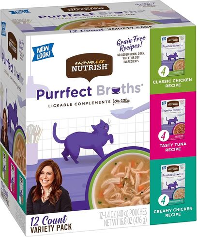 Rachael Ray Nutrish Purrfect Broths Wet Cat Food, Variety Pack, 1.4 Ounce Pouch (Pack of 24), Grain Free in Kuwait