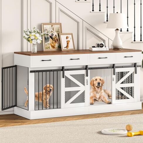 Extra Large Dog Crate Furniture for 2 Dogs, 71'' Dog Kennel Indoor with Removable Divider and 4 Storage Drawers, Sturdy Wooden Dog Crate TV Stand with 4 Doors for Large Medium Small Dogs in Kuwait