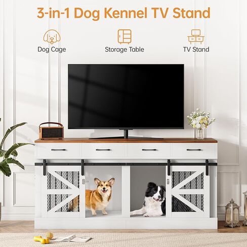 Extra Large Dog Crate Furniture for 2 Dogs, 71'' Dog Kennel Indoor with Removable Divider and 4 Storage Drawers, Sturdy Wooden Dog Crate TV Stand with 4 Doors for Large Medium Small Dogs in Kuwait