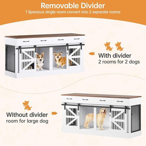 Extra Large Dog Crate Furniture for 2 Dogs, 71'' Dog Kennel Indoor with Removable Divider and 4 Storage Drawers, Sturdy Wooden Dog Crate TV Stand with 4 Doors for Large Medium Small Dogs in Kuwait