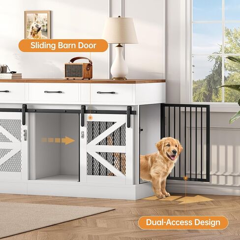 Extra Large Dog Crate Furniture for 2 Dogs, 71'' Dog Kennel Indoor with Removable Divider and 4 Storage Drawers, Sturdy Wooden Dog Crate TV Stand with 4 Doors for Large Medium Small Dogs in Kuwait