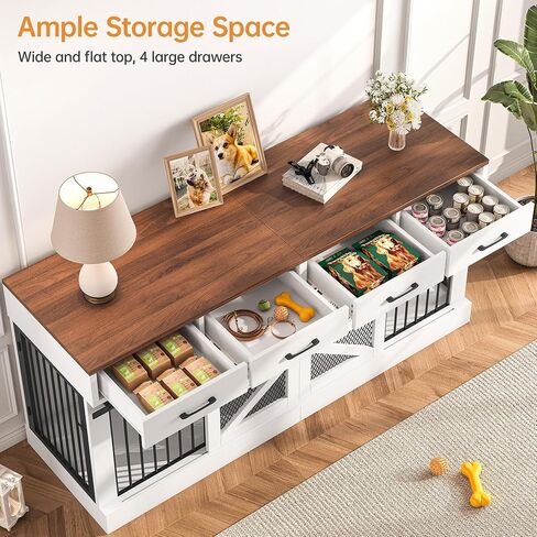 Extra Large Dog Crate Furniture for 2 Dogs, 71'' Dog Kennel Indoor with Removable Divider and 4 Storage Drawers, Sturdy Wooden Dog Crate TV Stand with 4 Doors for Large Medium Small Dogs in Kuwait