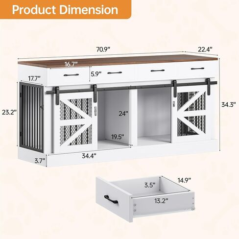 Extra Large Dog Crate Furniture for 2 Dogs, 71'' Dog Kennel Indoor with Removable Divider and 4 Storage Drawers, Sturdy Wooden Dog Crate TV Stand with 4 Doors for Large Medium Small Dogs in Kuwait