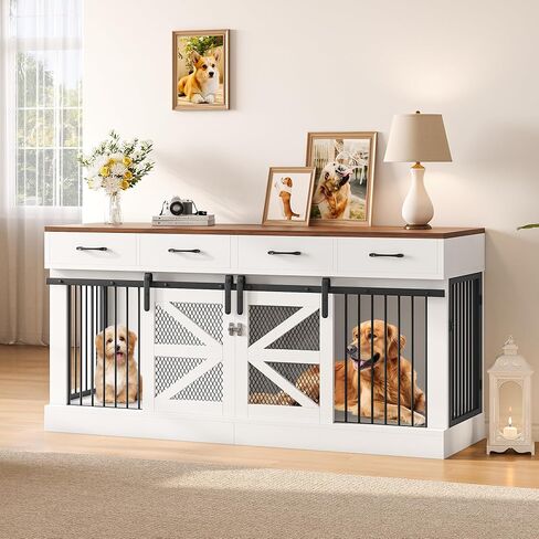 Extra Large Dog Crate Furniture for 2 Dogs, 71'' Dog Kennel Indoor with Removable Divider and 4 Storage Drawers, Sturdy Wooden Dog Crate TV Stand with 4 Doors for Large Medium Small Dogs in Kuwait
