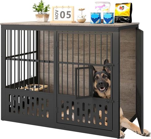 Yafylly 48 Inch XXL Dog Crate Furniture, Wooden Chewproof Dog Kennel with Interactive Window, 360° Adjustable Bowls (5 Heights), Storage Table Top, Heavy Duty XL Dog Crate for Medium Large Dogs, Brown in Kuwait