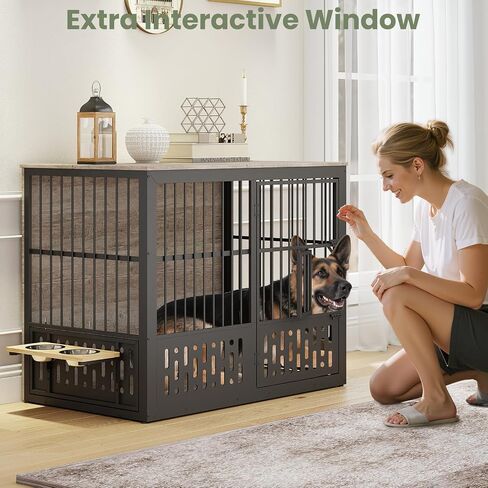 Yafylly 48 Inch XXL Dog Crate Furniture, Wooden Chewproof Dog Kennel with Interactive Window, 360° Adjustable Bowls (5 Heights), Storage Table Top, Heavy Duty XL Dog Crate for Medium Large Dogs, Brown in Kuwait