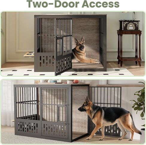Yafylly 48 Inch XXL Dog Crate Furniture, Wooden Chewproof Dog Kennel with Interactive Window, 360° Adjustable Bowls (5 Heights), Storage Table Top, Heavy Duty XL Dog Crate for Medium Large Dogs, Brown in Kuwait