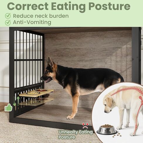 Yafylly 48 Inch XXL Dog Crate Furniture, Wooden Chewproof Dog Kennel with Interactive Window, 360° Adjustable Bowls (5 Heights), Storage Table Top, Heavy Duty XL Dog Crate for Medium Large Dogs, Brown in Kuwait