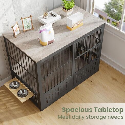 Yafylly 48 Inch XXL Dog Crate Furniture, Wooden Chewproof Dog Kennel with Interactive Window, 360° Adjustable Bowls (5 Heights), Storage Table Top, Heavy Duty XL Dog Crate for Medium Large Dogs, Brown in Kuwait