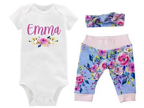 Personalized Girl Baby Name Blue Pink Yellow Watercolor Floral Coming Home Outfit - Bodysuit, Yoga Pant, Top Knot Headband in Saudi Arabia