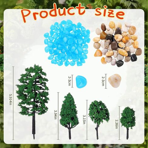 Chuangdi 45 Pcs Model Trees 2.36 to 5.91 Inch Mixed Miniature Fake Plastic Diorama Tree, with Glow Pebbles River Rocks for Home Flower Garden Decoration DIY Crafts Building Models in Saudi Arabia
