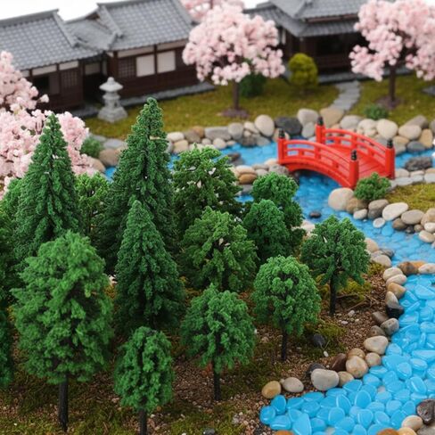 Chuangdi 45 Pcs Model Trees 2.36 to 5.91 Inch Mixed Miniature Fake Plastic Diorama Tree, with Glow Pebbles River Rocks for Home Flower Garden Decoration DIY Crafts Building Models in Saudi Arabia