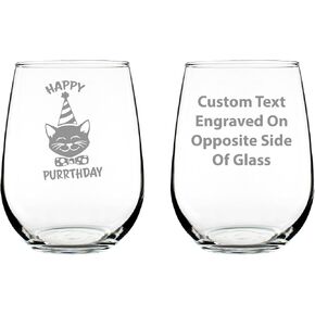 Happy Purrthday - Funny Cat Stemless Wine Glass for Birthday - Cute Cat Themed Bday Party Gifts and Decor - Large 17 Oz in Saudi Arabia