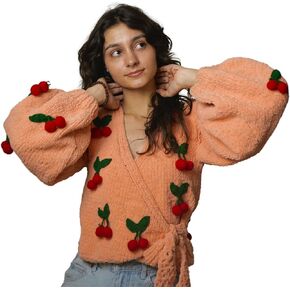 Tuki Women's Peach Wrap Sweater - Cherry appliqué balloon Sleeve Cardigan (M) in Saudi Arabia