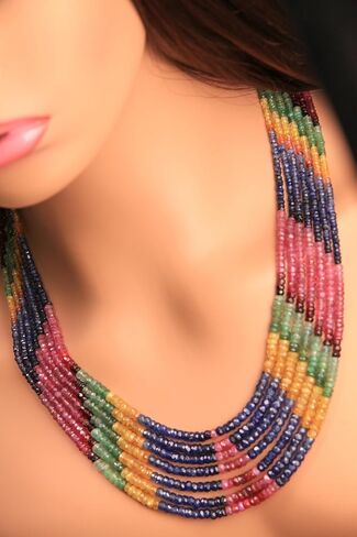 Natural Multi Sapphire, ruby,emerald 7 Line 3-4.5mm Graduated Faceted Roundel Gemstone 16.5"-20" Adjustable Necklace, 500cts in Saudi Arabia