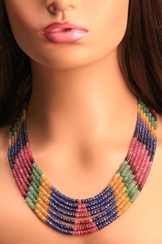 Natural Multi Sapphire, ruby,emerald 7 Line 3-4.5mm Graduated Faceted Roundel Gemstone 16.5"-20" Adjustable Necklace, 500cts in Saudi Arabia
