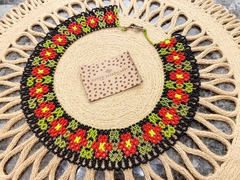 Handmade Ukrainian Red Flower Beaded Necklace for Women Floral Collar Summer Bohemian ethnic Style Beadwork Seed Bead Necklace Gerdan Sylyanka Blossom Necklace Moms Birthday Gift in Saudi Arabia