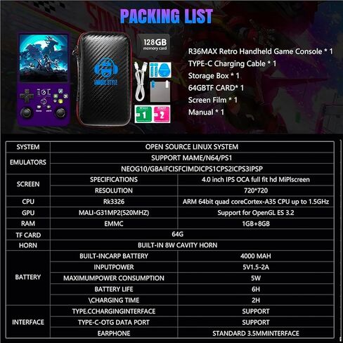 R36MAX Retro Handheld Game Console ، وحدة تحكم ألعاب Retro مع 18000+ لعبة بطاقة 128 جيجابايت ، شاشة IPS 4 بوصة ، ألعاب الفيديو المحمولة ، التوصيل واللعب Gameboy للأطفال البالغين (الأرجواني الأزرق) in Kuwait