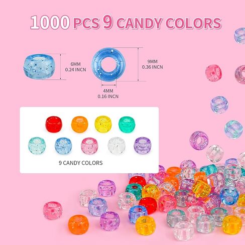 1000+pcs Glitter Beads Pony Beads Bulk, Acrylic Beads 9mm Large Plastic Beads for Bracelets Big Hole Hair Braids Crafts DIY Projects in Kuwait