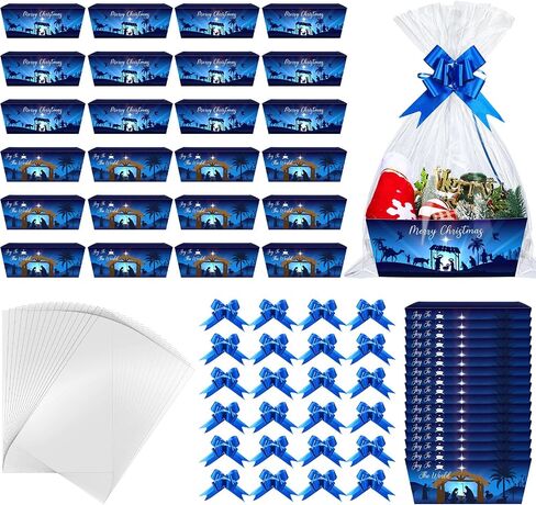 Cholemy 72 Pcs Christmas Gift Baskets Empty to Fill Kit DIY Basket for Gifts Empty Bulk 24 Tray Favor with Handles 24 Bows 24 Clear Basket Bags for Xmas Holiday Birthday (Stylish Style) in Saudi Arabia
