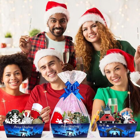 Cholemy 72 Pcs Christmas Gift Baskets Empty to Fill Kit DIY Basket for Gifts Empty Bulk 24 Tray Favor with Handles 24 Bows 24 Clear Basket Bags for Xmas Holiday Birthday (Stylish Style) in Saudi Arabia
