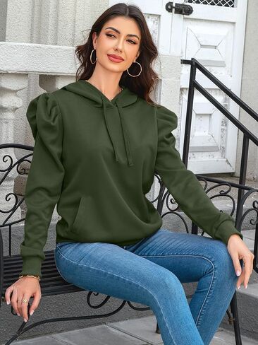 Womens Sweatshirts 2025 Trendy Puff Sleeve Drawstring Pullover Hoodies Fall Fashion Outfits Tops Clothes in Saudi Arabia