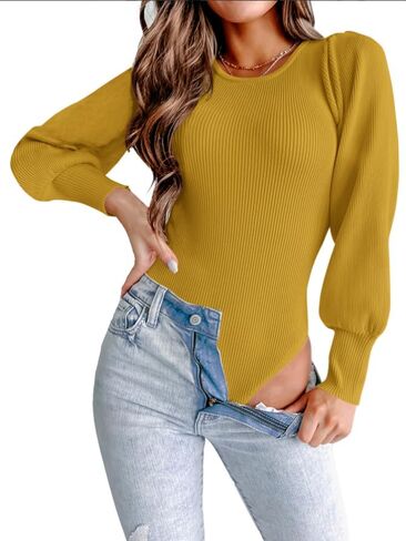 MASCOMODA Long Puff Sleeve Sweaters for Women 2023 Fall Winter Crewneck Knit Ribbed Bodysuit Pullover Tops in Saudi Arabia