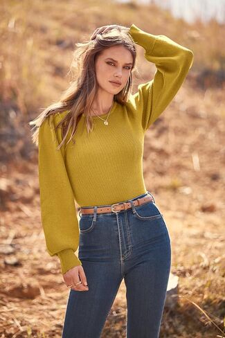MASCOMODA Long Puff Sleeve Sweaters for Women 2023 Fall Winter Crewneck Knit Ribbed Bodysuit Pullover Tops in Saudi Arabia