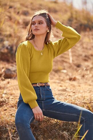 MASCOMODA Long Puff Sleeve Sweaters for Women 2023 Fall Winter Crewneck Knit Ribbed Bodysuit Pullover Tops in Saudi Arabia