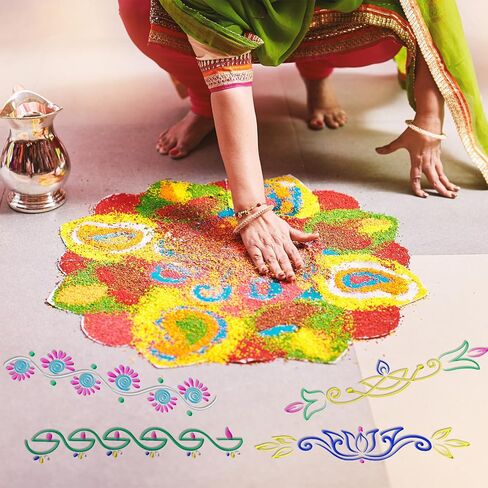 4 Pcs 12 Inch Diwali Rangoli Stencils Wooden DIY Sand Art Making Kit Lotus Elephant Peacock Stencils Varalakshmi Pooja Diwali Items for Indian Onam Festival Home Decor(Diya) in Saudi Arabia