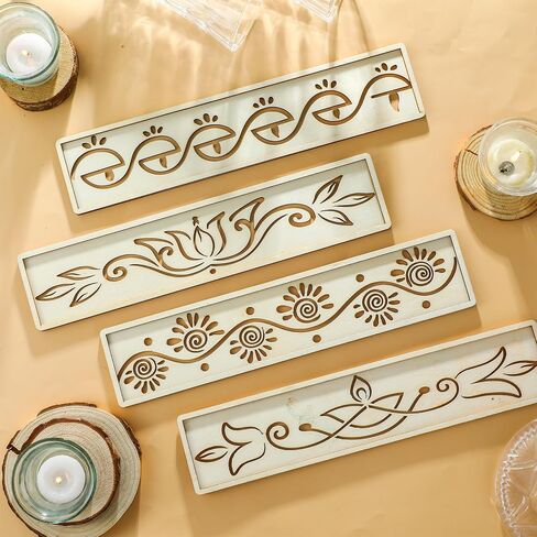 4 Pcs 12 Inch Diwali Rangoli Stencils Wooden DIY Sand Art Making Kit Lotus Elephant Peacock Stencils Varalakshmi Pooja Diwali Items for Indian Onam Festival Home Decor(Diya) in Saudi Arabia