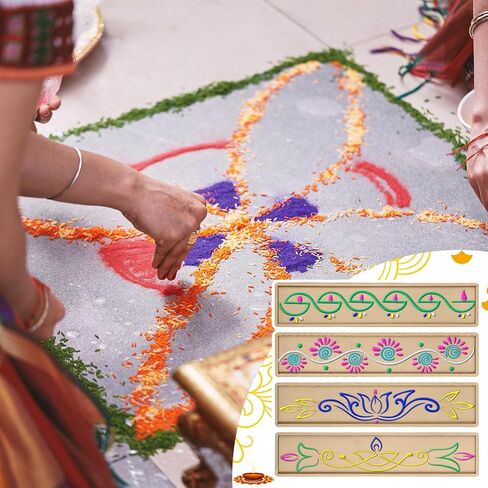4 Pcs 12 Inch Diwali Rangoli Stencils Wooden DIY Sand Art Making Kit Lotus Elephant Peacock Stencils Varalakshmi Pooja Diwali Items for Indian Onam Festival Home Decor(Diya) in Saudi Arabia