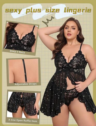 Avidlove Plus Size Lingerie for Women Sexy Lingerie Dress Lace Babydoll Lingerie V-Neck Open Front Strap Nightdress in Saudi Arabia