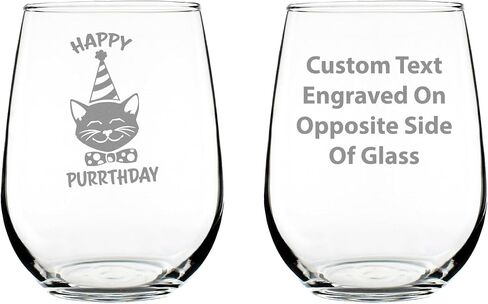 Happy Purrthday - Funny Cat Stemless Wine Glass for Birthday - Cute Cat Themed Bday Party Gifts and Decor - Large 17 Oz in Saudi Arabia