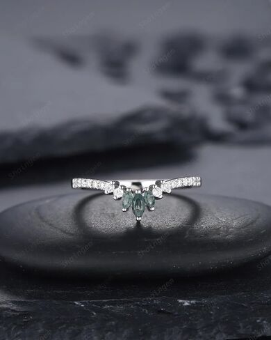 V Marquise Moss Agate Wedding Band ، Band White Gold Moss Agate Band ، شريط مطابق منحني ، مُحسّن لخاتم الذكرى السنوية (HND-SLX-MS-45) in Saudi Arabia