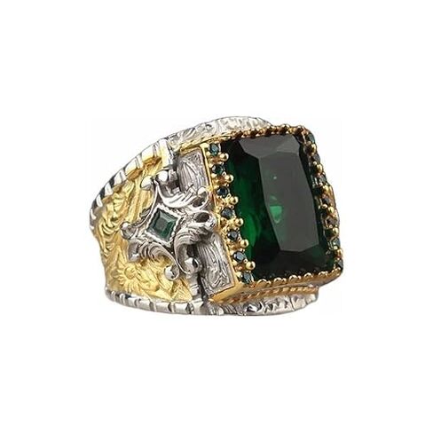 Shasha Creation 925 Sterling Silver Handmade Turkish Ring with Natural Emerald Stone, Men's Engraved Gemstone Ring (Yellow, 5.5) in Kuwait