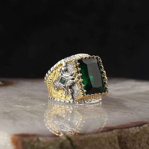 Shasha Creation 925 Sterling Silver Handmade Turkish Ring with Natural Emerald Stone, Men's Engraved Gemstone Ring (Yellow, 5.5) in Kuwait