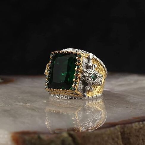 Shasha Creation 925 Sterling Silver Handmade Turkish Ring with Natural Emerald Stone, Men's Engraved Gemstone Ring (Yellow, 5.5) in Kuwait