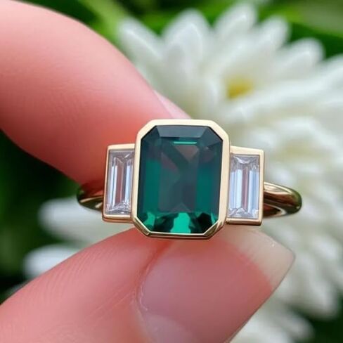 Silverq 2 Ct Emerald Cut Green Diamond Three Enging Engagement For Women 14K Gold Gold Mold Plated Betergy مجموعة ثلاثية مع حجارة خصيصات الجانبية 925 Sterling Silver Classic Jewelry in Saudi Arabia