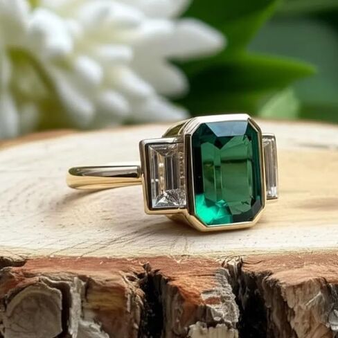 Silverq 2 Ct Emerald Cut Green Diamond Three Enging Engagement For Women 14K Gold Gold Mold Plated Betergy مجموعة ثلاثية مع حجارة خصيصات الجانبية 925 Sterling Silver Classic Jewelry in Saudi Arabia
