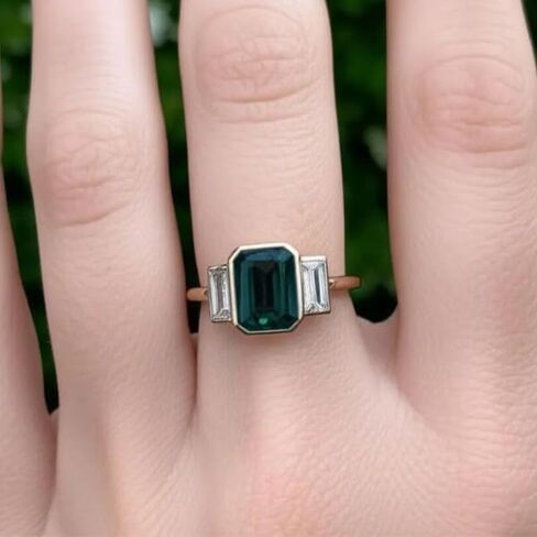Silverq 2 Ct Emerald Cut Green Diamond Three Enging Engagement For Women 14K Gold Gold Mold Plated Betergy مجموعة ثلاثية مع حجارة خصيصات الجانبية 925 Sterling Silver Classic Jewelry in Saudi Arabia